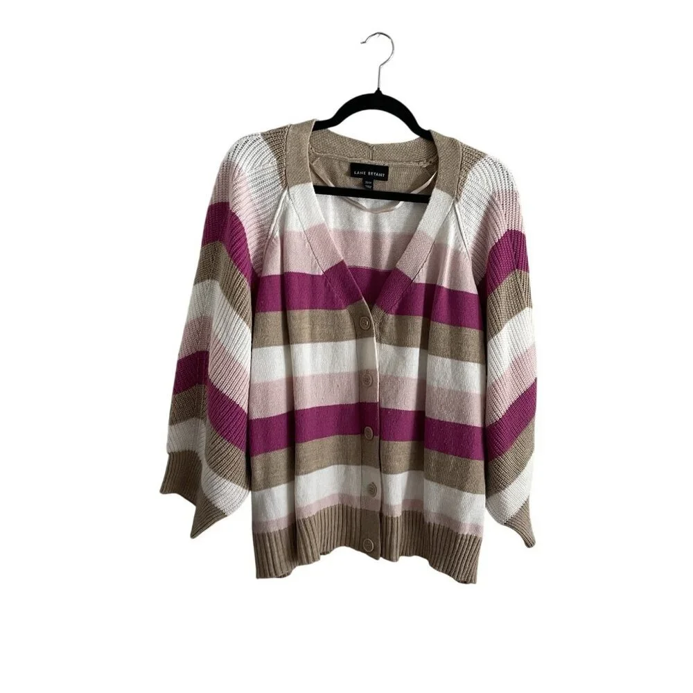 Lane Bryant Women 22/24 Stripe V-Neck 3/4 Balloon Sleeve Ribbed Cropped Cardigan